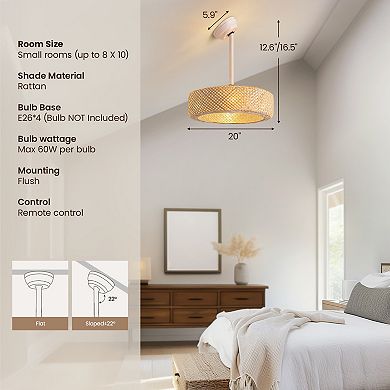 Moooni 20" Rattan Boho Caged Ceiling Fan with Lights Remote Control Low Profile Fandelier No Bulbs