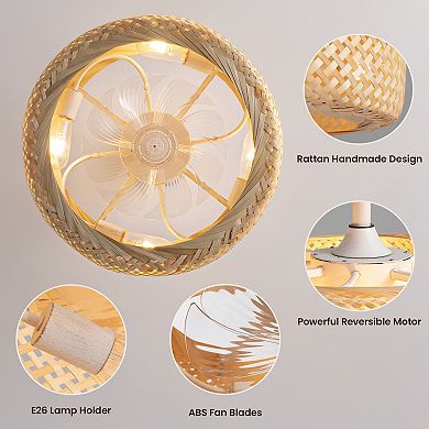 Moooni 20" Rattan Boho Caged Ceiling Fan with Lights Remote Control Low Profile Fandelier No Bulbs