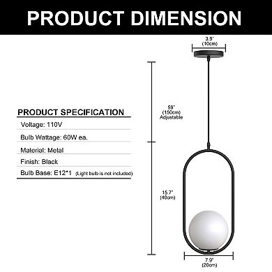 1 Light Oval Black Globe Modern Pendant Light Hanging Lighting Fixture