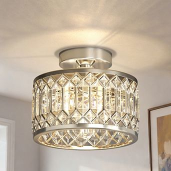 1-Light Modern Semi Flush Mount Ceiling Light, 7.5" Nickel with Clear Crystal Drum Shade for Bedroom