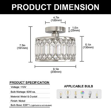 1-Light Modern Semi Flush Mount Ceiling Light, 7.5" Nickel with Clear Crystal Drum Shade for Bedroom