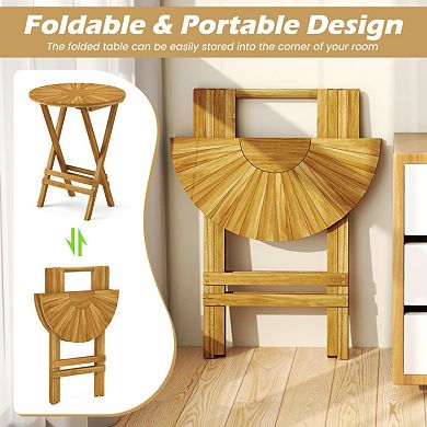 Folding Patio Teak Wood Round Side Table with Slatted Top and X Frame