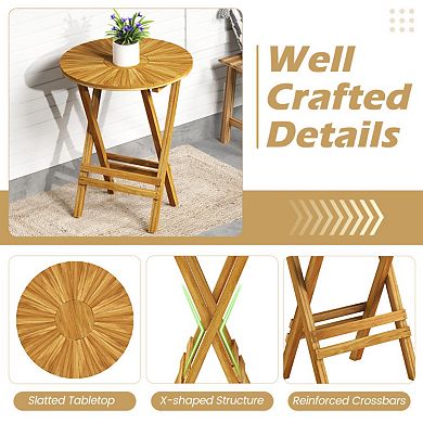 Folding Patio Teak Wood Round Side Table with Slatted Top and X Frame