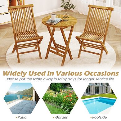 Folding Patio Teak Wood Round Side Table with Slatted Top and X Frame