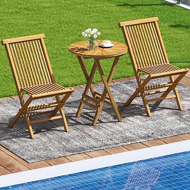 Folding Patio Teak Wood Round Side Table with Slatted Top and X Frame