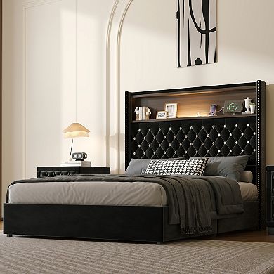 GOODSILO Full Size Upholstered Platform Bed Frame with Charging Port