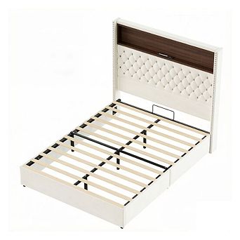 GOODSILO Full Size Upholstered Platform Bed Frame with Charging Port