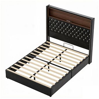 GOODSILO Full Size Upholstered Platform Bed Frame with Charging Port