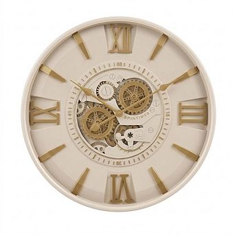 24-Inch Mid-Century Modern Wall Clock, Moving Gears, Cream-Gold Decor
