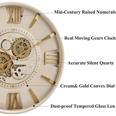 24-Inch Mid-Century Modern Wall Clock, Moving Gears, Cream-Gold Decor