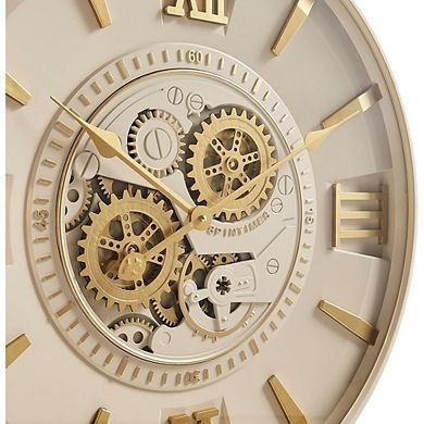 24-Inch Mid-Century Modern Wall Clock, Moving Gears, Cream-Gold Decor