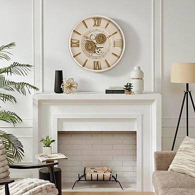 24-Inch Mid-Century Modern Wall Clock, Moving Gears, Cream-Gold Decor
