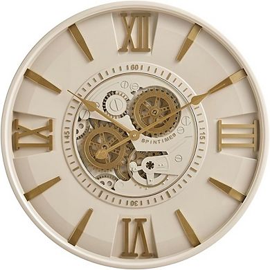 24-Inch Mid-Century Modern Wall Clock, Moving Gears, Cream-Gold Decor