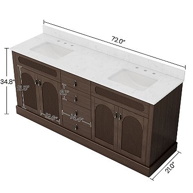 72 in Dark Brown Double Ceramic Sink Bathroom Vanity with White Quartz Top