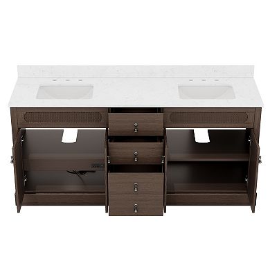 72 in Dark Brown Double Ceramic Sink Bathroom Vanity with White Quartz Top