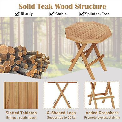 Teak Wood Octagon Coffee Table with X-Shaped Legs and Slatted Top