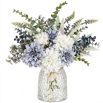 Silk Navy Blue Artificial Flower Arrangement with Glass Vase for Centerpiece Decor