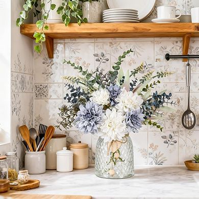 Silk Navy Blue Artificial Flower Arrangement with Glass Vase for Centerpiece Decor