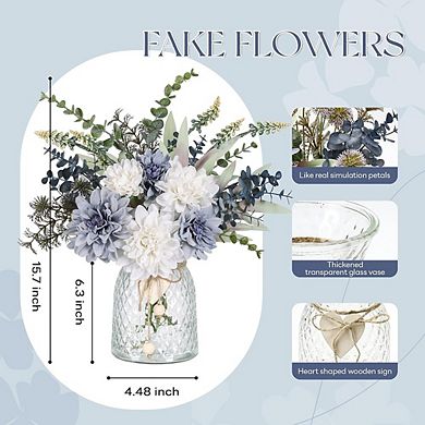 Silk Navy Blue Artificial Flower Arrangement with Glass Vase for Centerpiece Decor