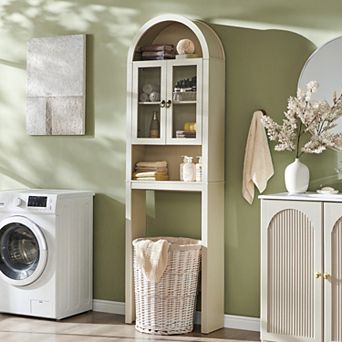 77" Arched Over Toilet Storage Cabinet, Modern Tall Bathroom Organizer with Adjustable Shelf & Doors
