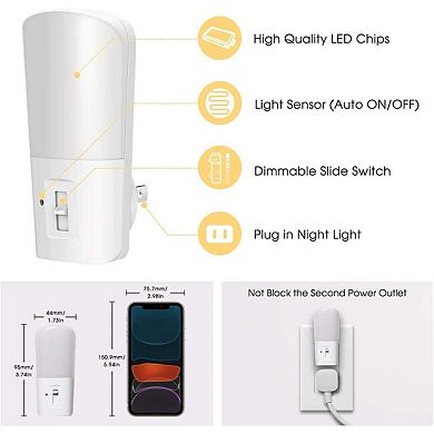 Dimmable 2-Pack 3000K LED Night Lights with Dusk-to-Dawn Sensor.