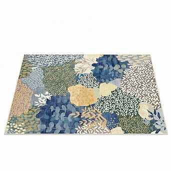 Boho Area Rug Washable Fabric, Non-Slip Backing, Floral Design