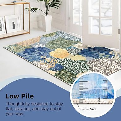 Boho Area Rug Washable Fabric, Non-Slip Backing, Floral Design