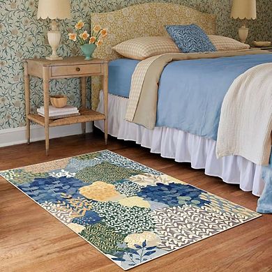Boho Area Rug Washable Fabric, Non-Slip Backing, Floral Design