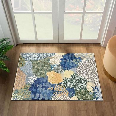 Boho Area Rug Washable Fabric, Non-Slip Backing, Floral Design