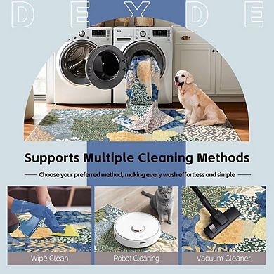 Boho Area Rug Washable Fabric, Non-Slip Backing, Floral Design