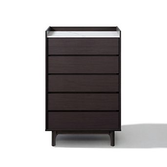 LuxenHome 46.8” Modi Wenge 5-Drawer Accent Chest with Raised Sides, Faux Marble Top