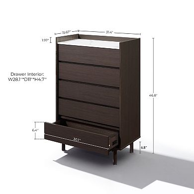 LuxenHome 46.8” Modi Wenge 5-Drawer Accent Chest with Raised Sides, Faux Marble Top