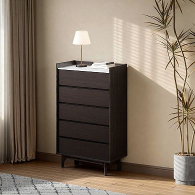LuxenHome 46.8” Modi Wenge 5-Drawer Accent Chest with Raised Sides, Faux Marble Top