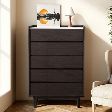 LuxenHome 46.8” Modi Wenge 5-Drawer Accent Chest with Raised Sides, Faux Marble Top