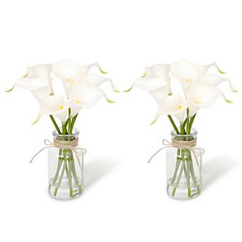Calla Lily Artificial Flowers with Glass Vase, Real Touch Latex, White, 2 pc