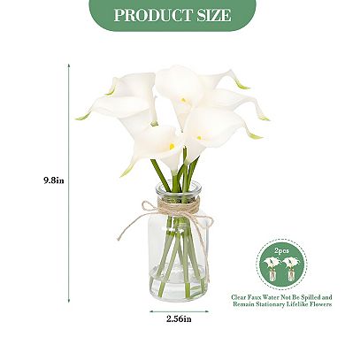 Calla Lily Artificial Flowers with Glass Vase, Real Touch Latex, White, 2PCS
