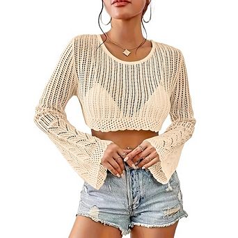 Women's Crochet Short Cover Up Top Summer Long Sleeve Sweater Shirts Beach Swimsuit Cover Up