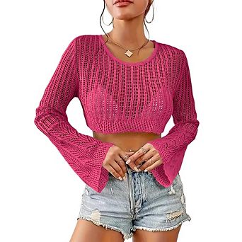 Women's Crochet Short Cover Up Top Summer Long Sleeve Sweater Shirts Beach Swimsuit Cover Up