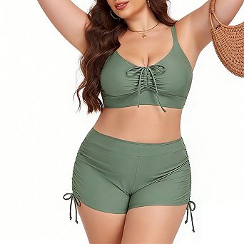 Women's Plus Size Two Piece Swimsuit Ruched Front Top and Adjustable Side Tie Shorts Bikini Sets