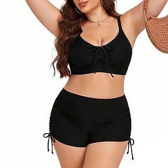 Women's Plus Size Two Piece Swimsuit Ruched Front Top and Adjustable Side Tie Shorts Bikini Sets