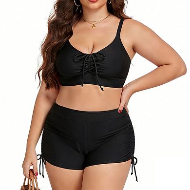 Women's Plus Size Bikini Set Adjustable Strap Bralette Top and Ruched Side Tie Shorts Swimsuit