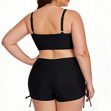 Women's Plus Size Bikini Set Adjustable Strap Bralette Top and Ruched Side Tie Shorts Swimsuit