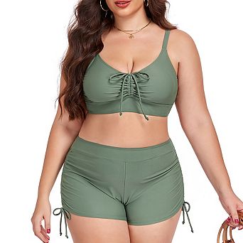 Women's Plus Size Bikini Set Adjustable Strap Bralette Top and Ruched Side Tie Shorts Swimsuit
