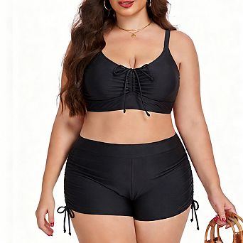 Women's Plus Size Bikini Set Adjustable Strap Bralette Top and Ruched Side Tie Shorts Swimsuit