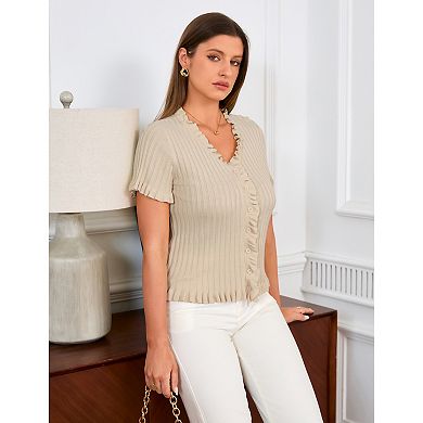 Women Kint Top Ruffle Trim Button Down Casual Shirt