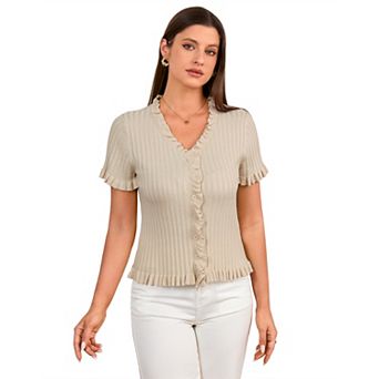 Women Kint Top Ruffle Trim Button Down Casual Shirt