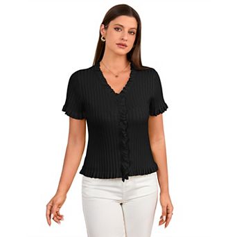 Women Kint Top Ruffle Trim Button Down Casual Shirt