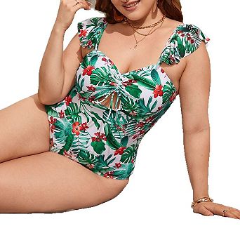 Women's Plus Size One-Piece Swimsuit with V-Neck & Print