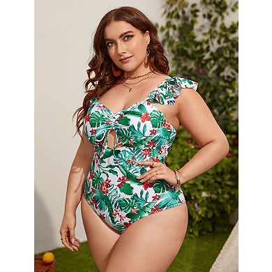 Women's Plus Size One-Piece Swimsuit with V-Neck & Print