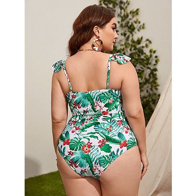 Women's Plus Size One-Piece Swimsuit with V-Neck & Print